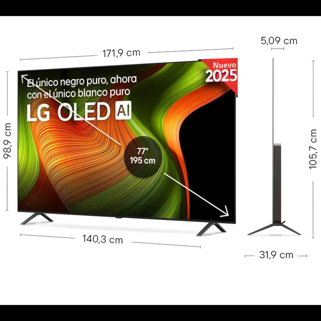 LG OLED77B56LA 77 4K UHD Smart TV preto com painel OLED ultrafino, bordas mínimas, base dupla estável e perfil lateral de 5,09 cm