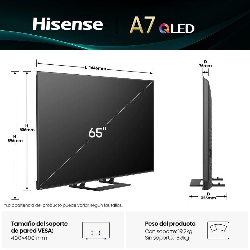 Controle remoto preto da Hisense 65A7Q com botões de acesso rápido a Disney+, YouTube, Prime Video, Netflix e controle por voz Alexa/VIDAA Voice.
