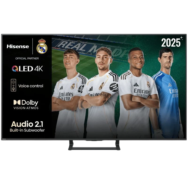 Hisense 65A7Q 65" 4K UHD QLED negro con biseles delgados, soporte central, control por voz, Dolby Vision-Atmos y audio 2.1 con subwoofer integrado.