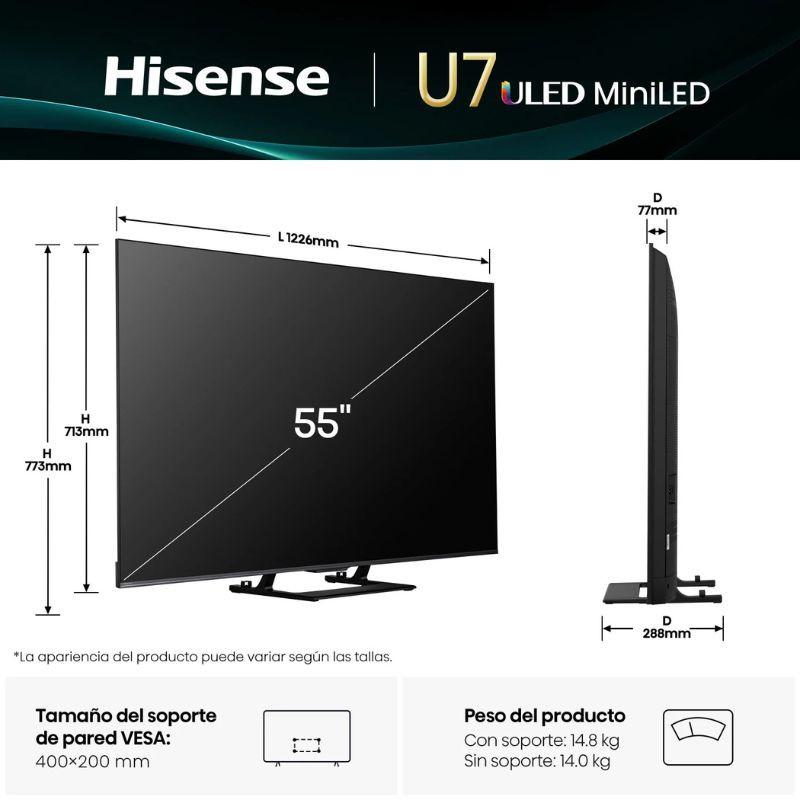 Hisense 55U7Q PRO 55 4K Ultra HD Smart TV negro,  medidas en mm de la pantalla vista frontal y perfil