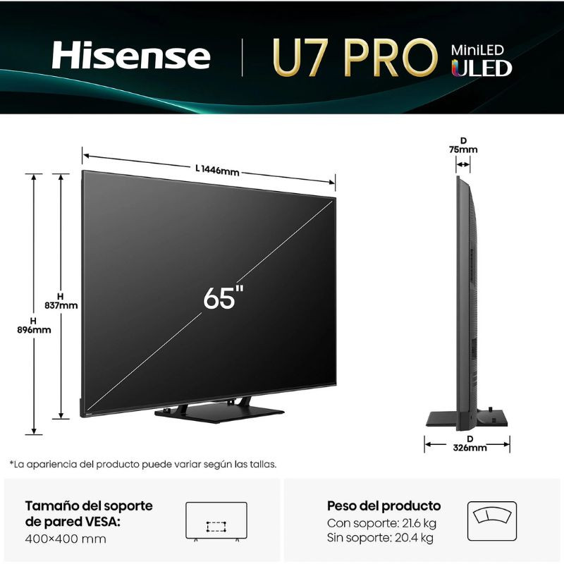 Hisense 65U7Q Pro 65" 4K Ultra HD ULED Smart TV Negro, medidas en mm de la TV vista frontal y lateral