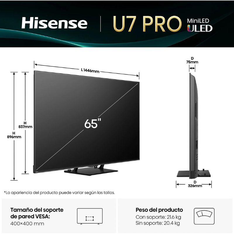 Hisense 65U7Q Pro 65" 4K Ultra HD ULED Smart TV Negro, medidas en mm de la TV vista frontal y lateral