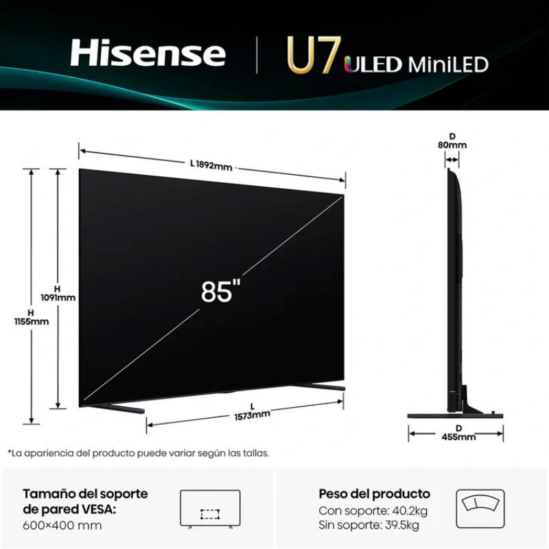 Hisense 85U7Q 85"4K Ultra HD Smart TV Wi-fi Negro, medidas en mm de la pantalla vista frontal y perfil