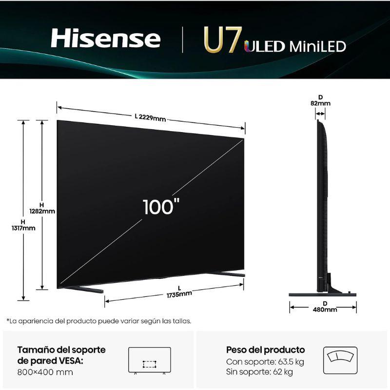 Hisense 100U7Q 100" 4K Ultra HD ULED Smart TV Negro, imagen de la pantalla con medidas en mm, vista frontal y lateral