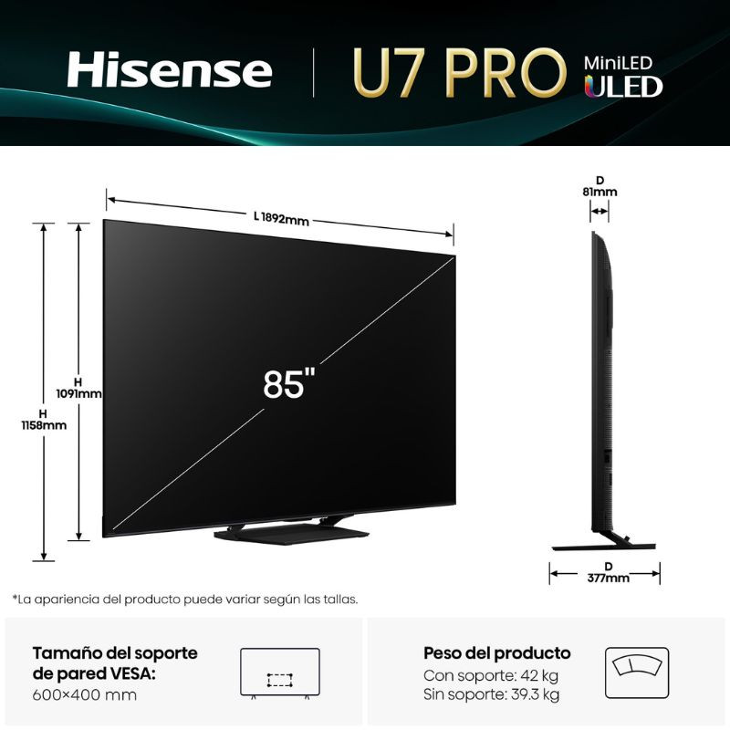 Hisense 85U7Q PRO 85" 4K Ultra HD Smart TV Gris Carbón, medidas en mm de la pantalla vista frontal y perfil