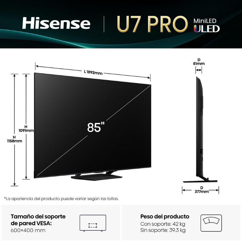 Hisense 85U7Q PRO 85" 4K Ultra HD Smart TV Gris Carbón, medidas en mm de la pantalla vista frontal y perfil