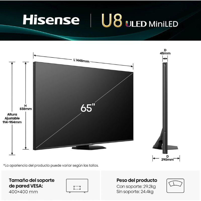 Hisense 65U8Q 65" 4K Ultra HD Smart TV Wifi Gris anthracite, dimensions du téléviseur en mm, vue de face et de profil