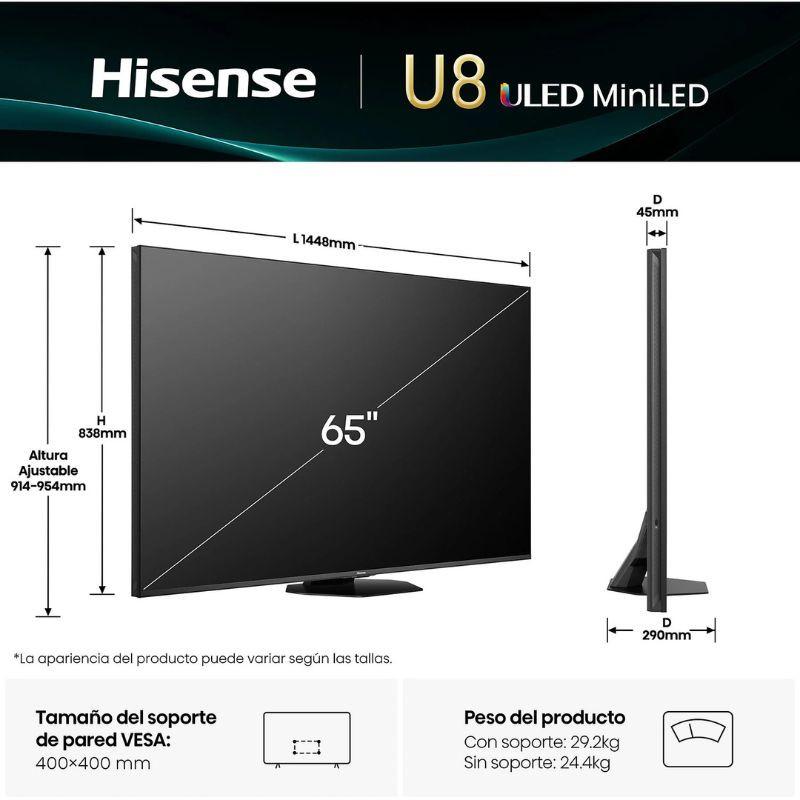 Hisense 65U8Q 65" 4K Ultra HD Smart TV Wifi Gris anthracite, dimensions du téléviseur en mm, vue de face et de profil