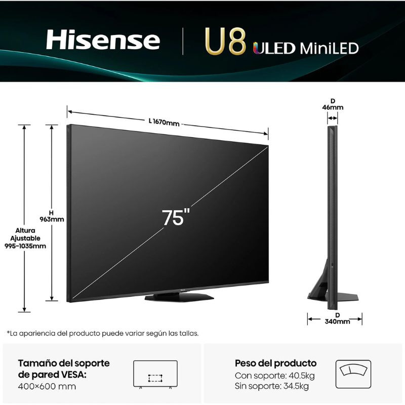 Hisense 75U8Q 75" 4K Ultra HD Smart TV Wifi Gris carbón, medidas en mm, vista frontal y perfil