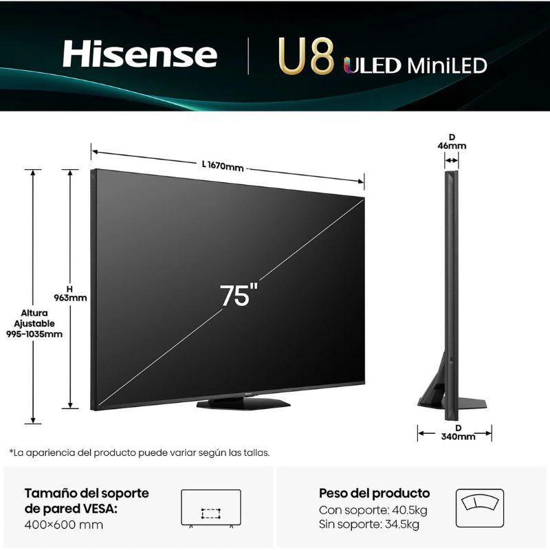 Hisense 75U8Q 75" 4K Ultra HD Smart TV Wifi Gris carbón, medidas en mm, vista frontal y perfil