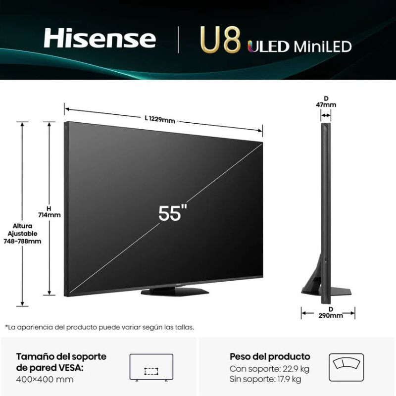 Hisense 55U8Q 55" 4K Ultra HD Smart TV Wifi Negro, medidas en mm de la pantalla en vista frontal y lateral