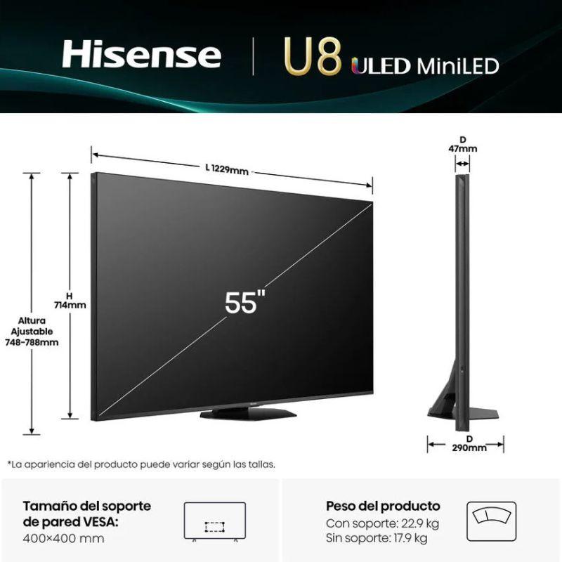 Hisense 55U8Q 55" 4K Ultra HD Smart TV Wifi Negro, medidas en mm de la pantalla en vista frontal y lateral