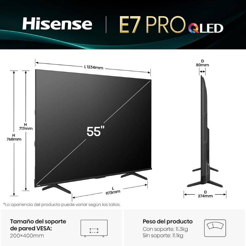 Hisense 55E7Q PRO 55 4K Ultra HD Smart TV, painel QLED fino, bordas mínimas, pés duplos, VESA 200x400 mm, espessura de 80 mm, peso 11,1 kg com suporte