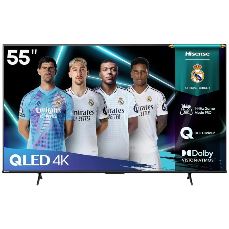 Hisense 55E7Q PRO 55 4K Ultra HD Smart TV com painel QLED, suporte a 144Hz, Dolby Vision e Atmos, bordas finas e pés duplos para base estável
