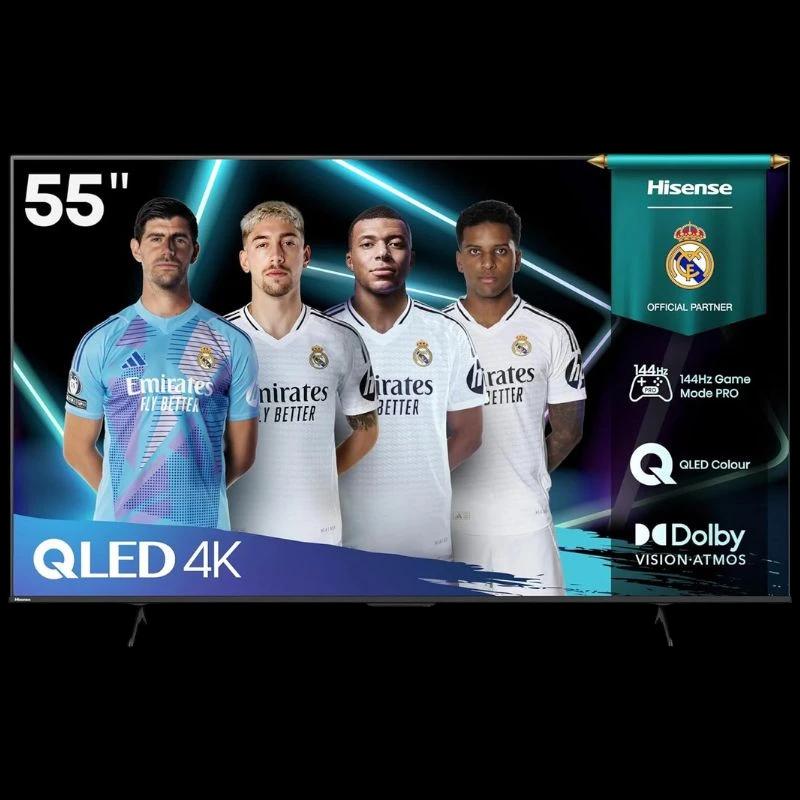 Hisense 55E7Q PRO 55 4K Ultra HD Smart TV com painel QLED, suporte a 144Hz, Dolby Vision e Atmos, bordas finas e pés duplos para base estável