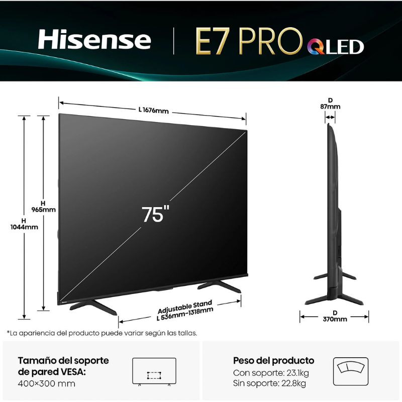 Hisense 75E7Q PRO 75" 4K QLED Smart TV Negro, medidas de la TV en mm, vista frontal y de perfil