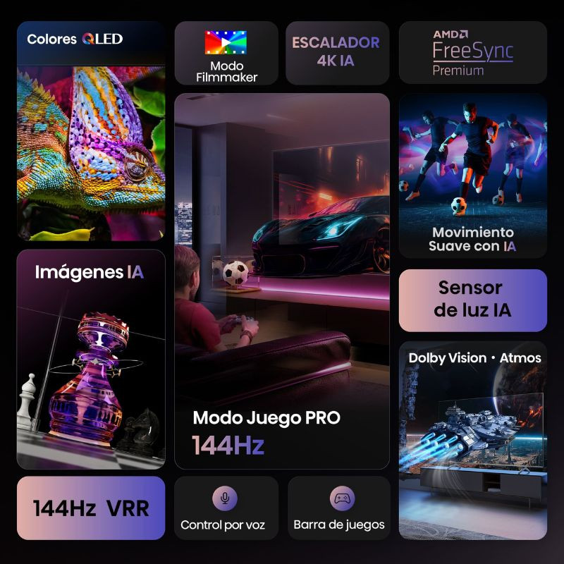 Televisão Hisense 100E7Q PRO 100 polegadas 4K QLED preta com 144Hz, VRR, FreeSync Premium, Modo Jogo PRO, Dolby Vision e Atmos, IA para escalado e luz