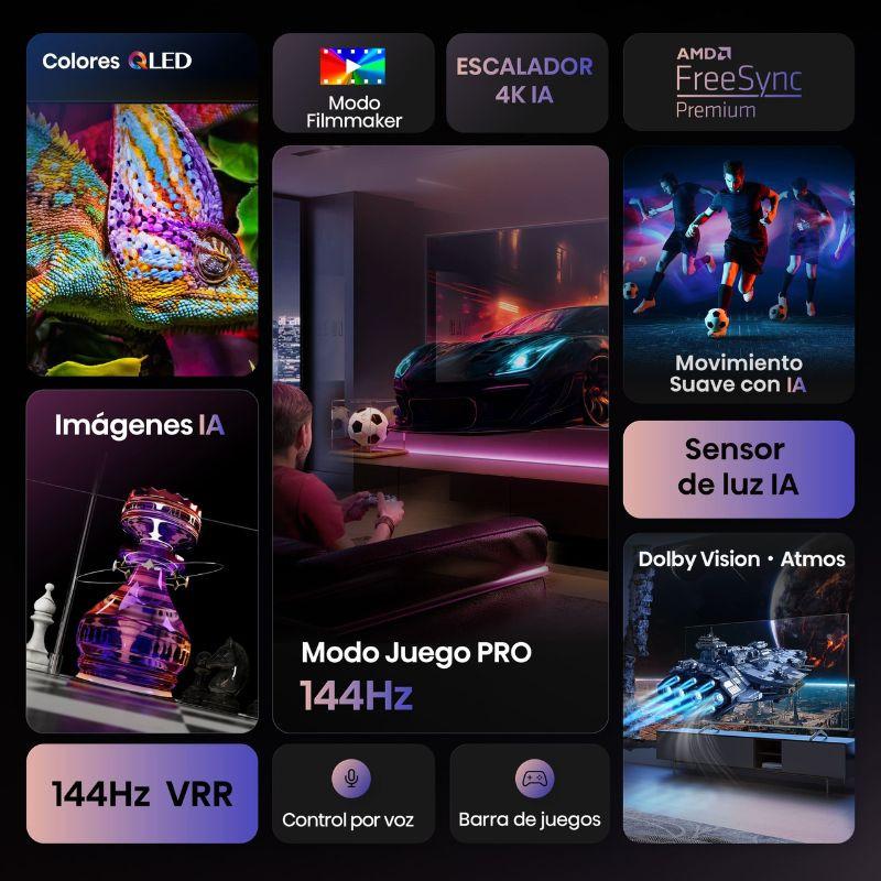 Televisão Hisense 100E7Q PRO 100 polegadas 4K QLED preta com 144Hz, VRR, FreeSync Premium, Modo Jogo PRO, Dolby Vision e Atmos, IA para escalado e luz