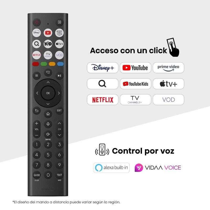 Comando remoto preto Hisense com botões de atalho para Netflix, YouTube, Disney+, Prime Video e controlo por voz Alexa e VIDAA Voice