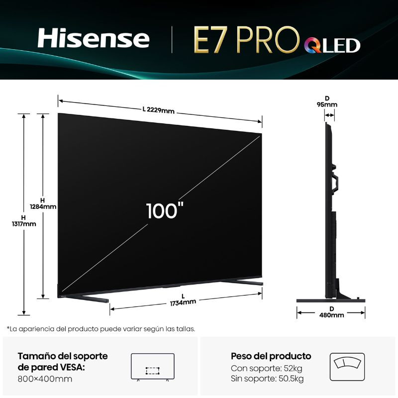 TV Hisense 100E7Q PRO 100 polegadas 4K Ultra HD QLED cor preta, design fino, bordas estreitas, suporte VESA 800x400 mm, espessura 95 mm, base estável