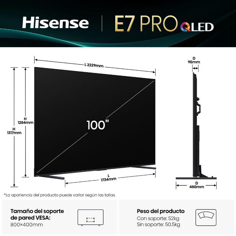TV Hisense 100E7Q PRO 100 polegadas 4K Ultra HD QLED cor preta, design fino, bordas estreitas, suporte VESA 800x400 mm, espessura 95 mm, base estável