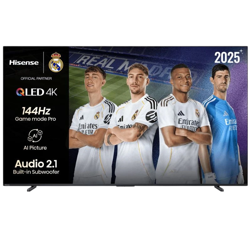 Hisense 100E7Q PRO 100 polegadas 4K QLED preto, moldura fina, pés duplos, destaque para 144Hz, modo Game Pro, AI Picture e áudio 2.1 com subwoofer