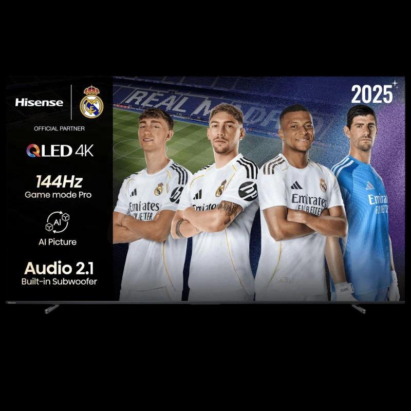 Hisense 100E7Q PRO 100 polegadas 4K QLED preto, moldura fina, pés duplos, destaque para 144Hz, modo Game Pro, AI Picture e áudio 2.1 com subwoofer