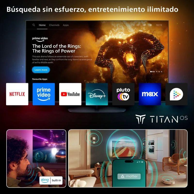 Philips 75MLED920 75 pouces 4K Ultra HD QD Mini LED avec Ambilight, noirs profonds, couleurs vives, bords fins, Titan OS, apps streaming et Alexa intégré