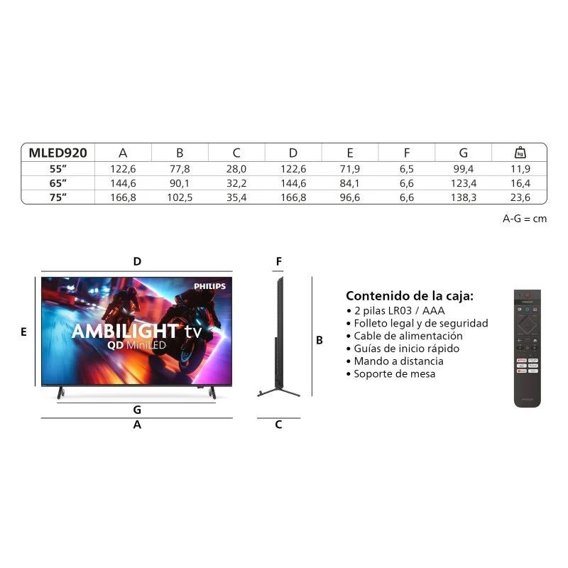 Philips 75MLED920 TV 75 pouces 4K Ultra HD QD Mini LED avec Ambilight, cadre fin noir, pied métallique, télécommande incluse