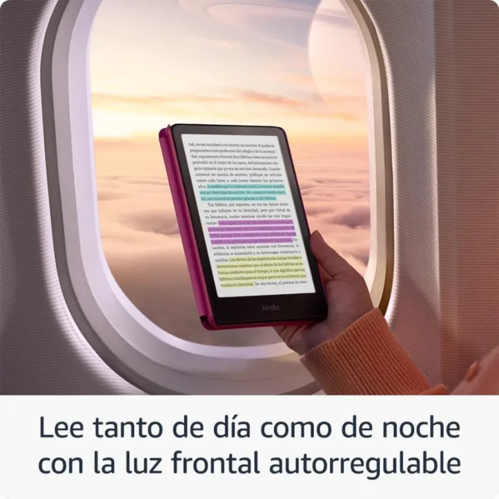 Kindle Colorsoft Signature Edition, pantalla iluminada autorregulable, bordes finos, funda rosa, lectura cómoda en viaje