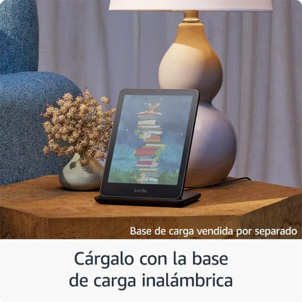 Amazon Kindle Colorsoft Signature Edition, en base de carga inalámbrica compatible, cuerpo negro y marco delgado