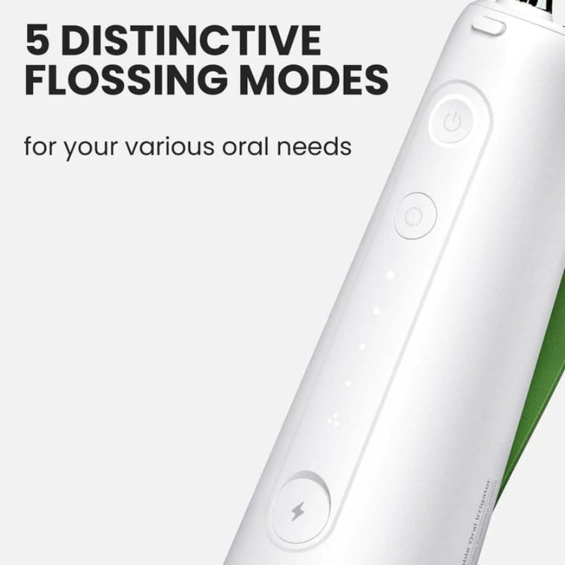 Oclean W10 Vert Irrigateur Dentaire avec 5 modes, boutons rétroéclairés, indicateurs LED et sangle verte, design blanc épuré pour soins bucco dentaires