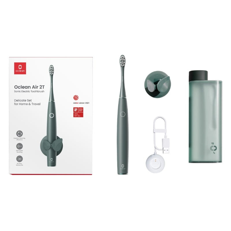 Oclean Air 2T Verde cepillo sónico con cabezal delgado, cuerpo mate, soporte mural, cargador USB magnético y estuche translúcido junto a caja del set