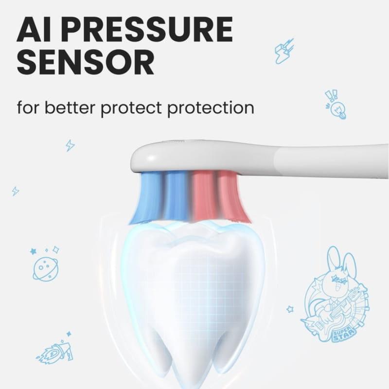 Oclean Kids Azul - Cepillo de Dientes Eléctrico con sensor de presión AI, cerdas suaves bicolor y diseño infantil; protege dientes y encías delicadas
