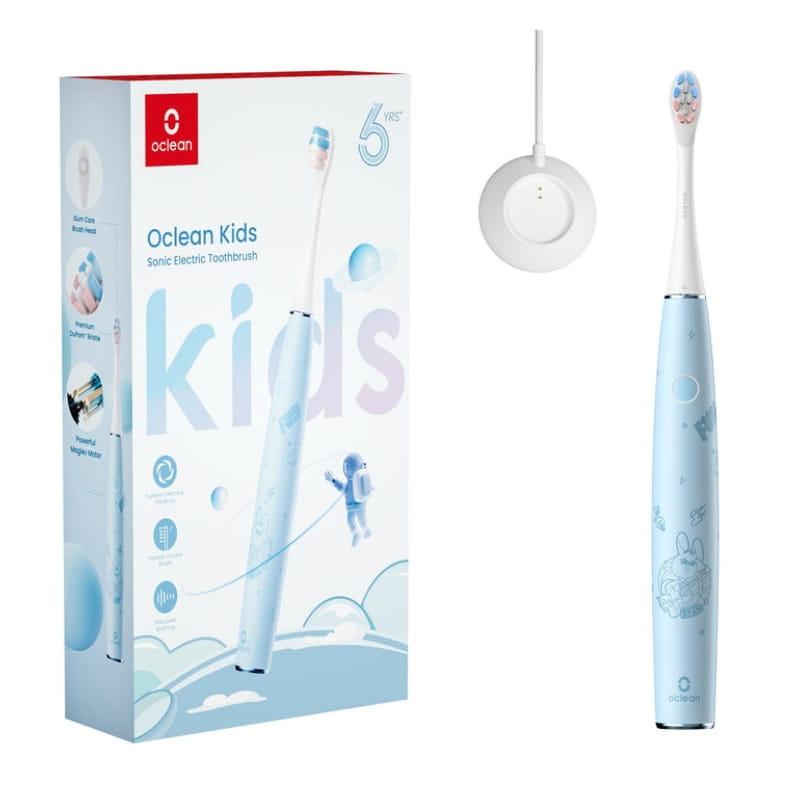 Oclean Kids Azul - Cepillo eléctrico infantil azul con dibujos, cabezal suave multicolor, base de carga circular blanca y caja con diseño espacial infantil