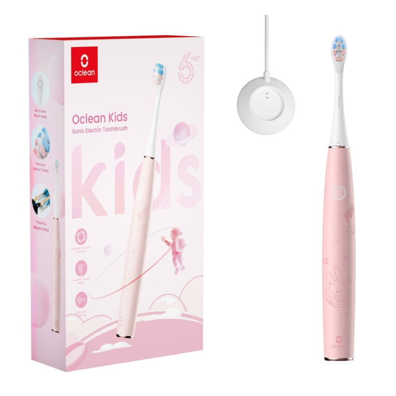 Oclean Kids Rosa - Cepillo de Dientes Eléctrico en color rosa pastel con ilustraciones, cabezal suave multicolor y base de carga magnética circular