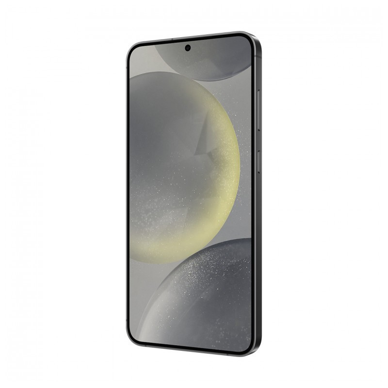 Smartphone negro con pantalla plana casi sin bordes, agujero central para cámara frontal y marco metálico; cristal brillante y diseño elegante y delgado.