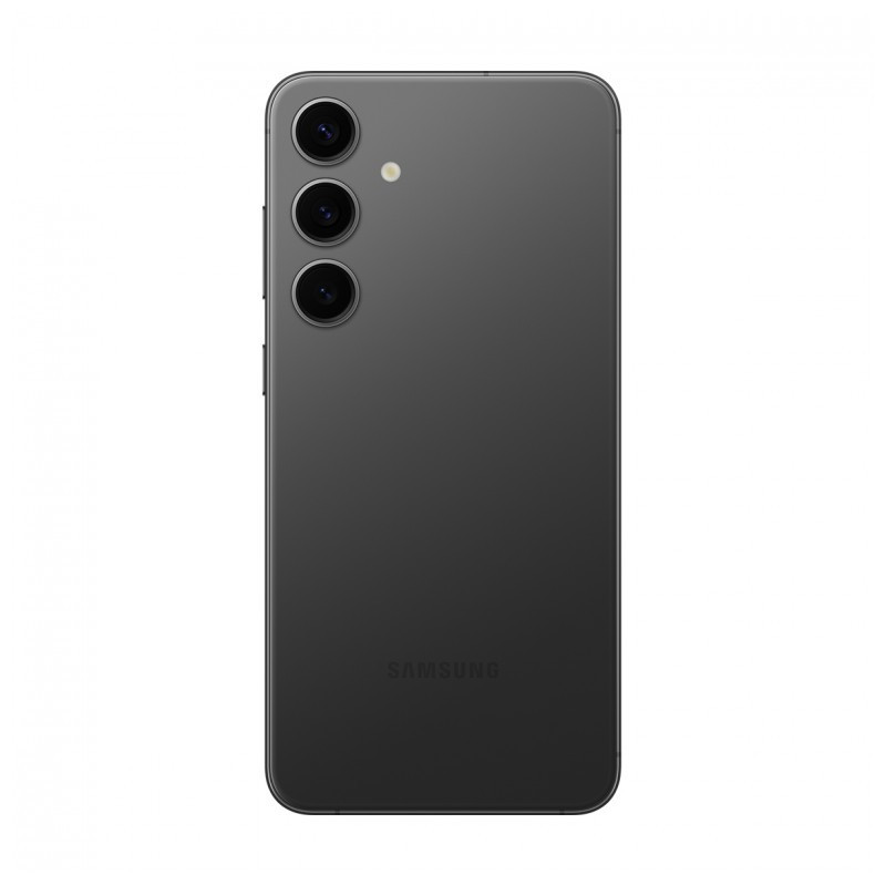 Parte trasera negra del Samsung Galaxy S24+ 5G renovado, triple cámara vertical con flash, acabado mate elegante. 12GB RAM, 512GB almacenamiento.