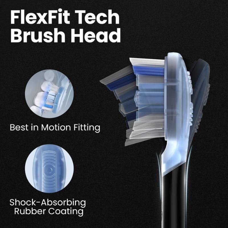 Cabezal FlexFit del Oclean X Ultra S Negro con cerdas multicapas y puntas azules, ajuste dinámico y recubrimiento de goma amortiguador en el cuello