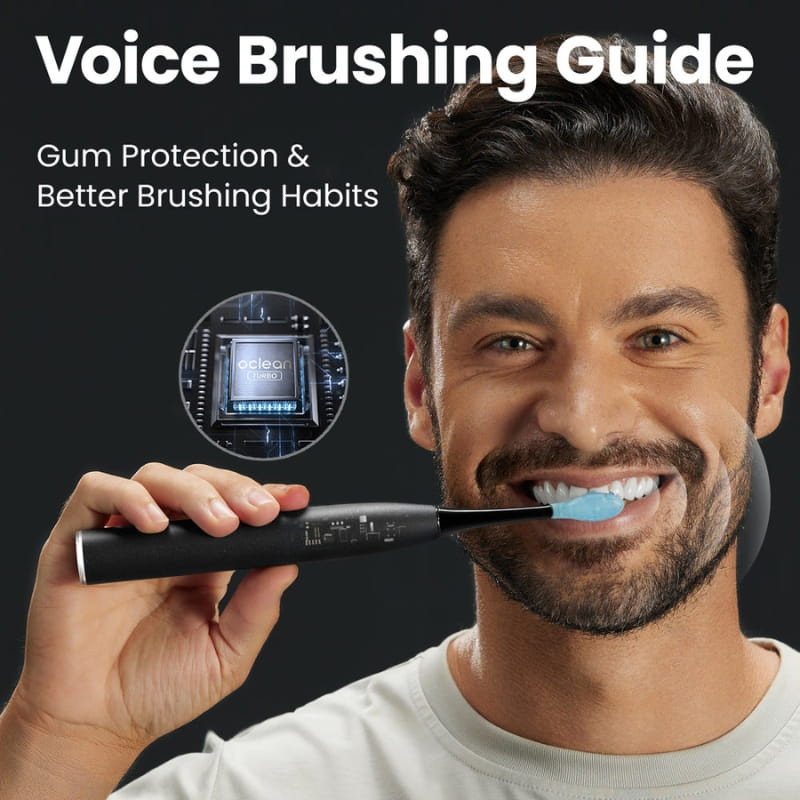 Oclean X Ultra S Negro cepillo eléctrico con pantalla integrada, guía de cepillado por voz y cabezal azul; diseño elegante y protección de encías