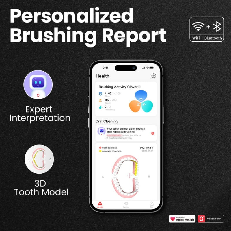 Oclean X Ultra S Negro mostrando app móvil con reporte de cepillado personalizado, modelo 3D dental, iconos de WiFi y Bluetooth, compatible con Apple Health