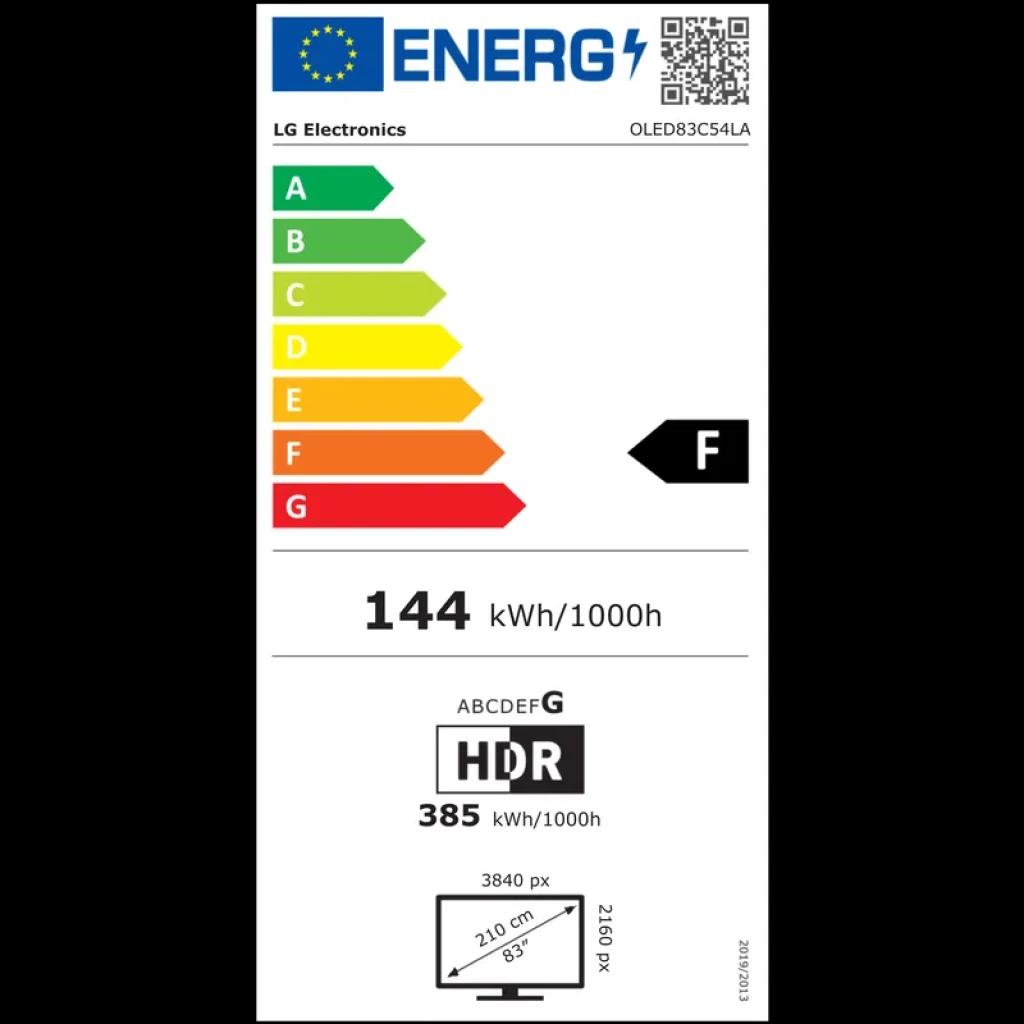 Etiqueta energética LG OLED83C54LA: classe F, consumo 144 kWh/1000h, 385 kWh/1000h com HDR, 83 polegadas 3840x2160, dimensões 210 cm diagonal, 46x210 cm
