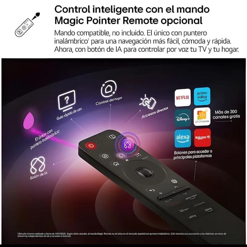 Controle remoto Magic Pointer opcional da LG com ponteiro sem fio, botão de IA, microfone, atalhos Netflix, Prime Video, Disney+, Alexa e mais de 200 canais