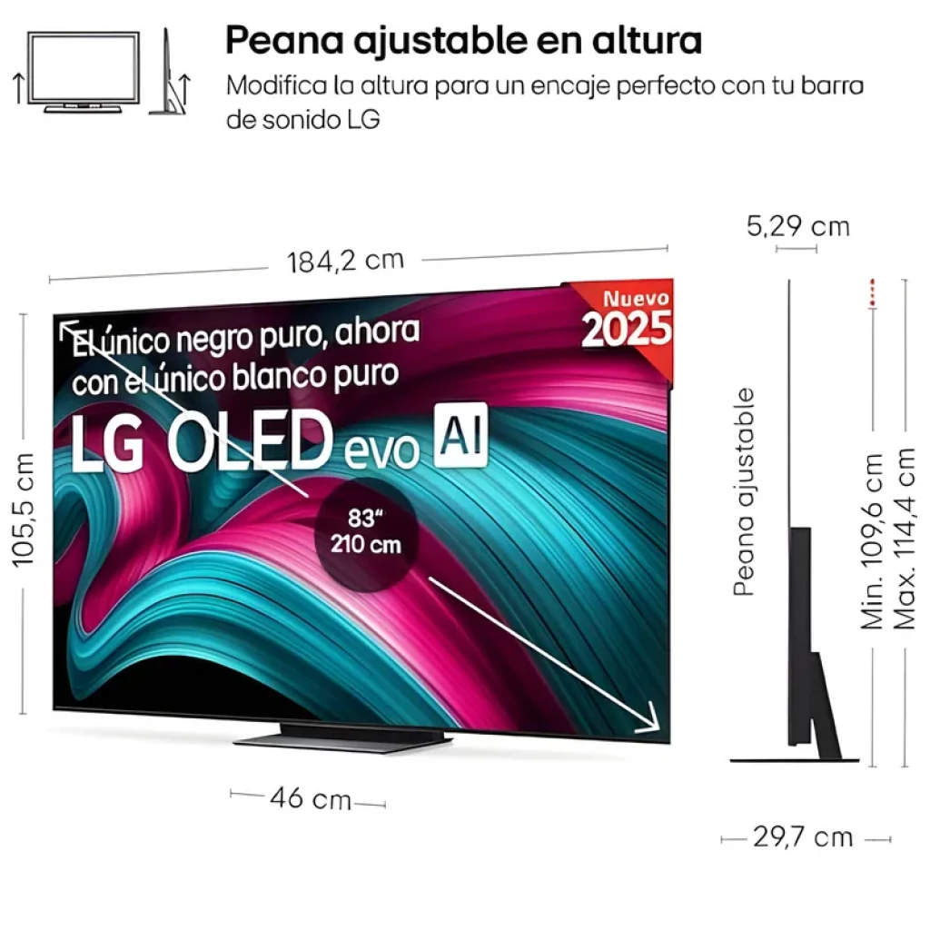 LG OLED83C54LA 83 4K UHD, painel OLED com preto puro, bordas finas, peana ajustável em altura, design preto elegante, conectividade Wi‑Fi e Smart TV