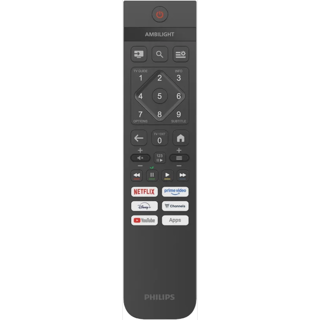Mando a distancia Philips negro con botón de encendido superior, teclado numérico, controles de volumen y reproducción, atajos Netflix, Prime Video y YouTube