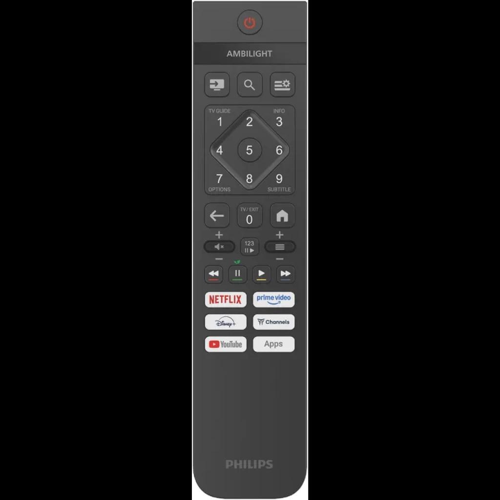 Mando a distancia Philips negro con botón de encendido superior, teclado numérico, controles de volumen y reproducción, atajos Netflix, Prime Video y YouTube