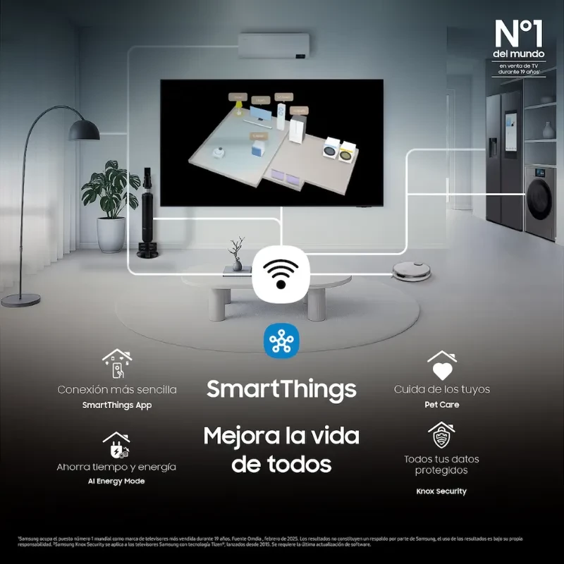 Samsung TQ85QN74FAT 85 4K Neo QLED IA com SmartThings, ecossistema conectado, economia de energia AI Energy Mode e segurança Knox em casa inteligente