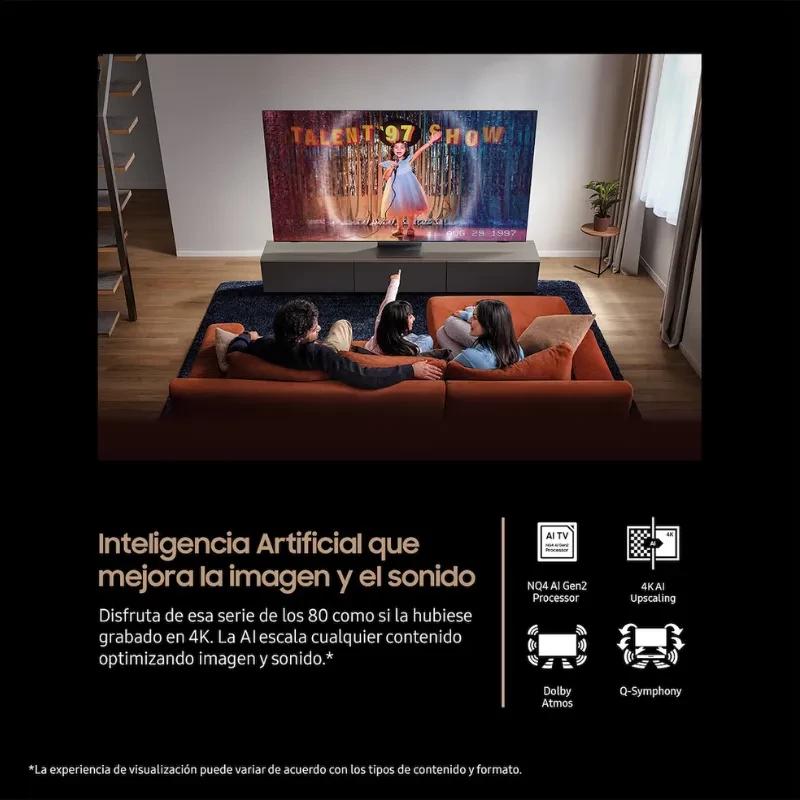 Samsung TQ85QN74FAT 85 4K Neo QLED com IA exibe cores vibrantes e contraste profundo; tela grande ideal para cinema em casa, som imersivo com Dolby Atmos