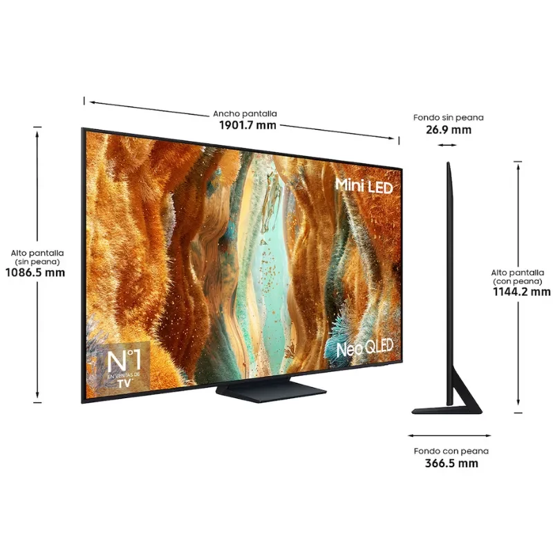 Samsung TQ85QN74FAT 85 4K Ultra HD Neo QLED IA com Mini LED, moldura fina, perfil ultrafino de 26,9 mm e base central estável; tela 1901,7 x 1086,5 mm