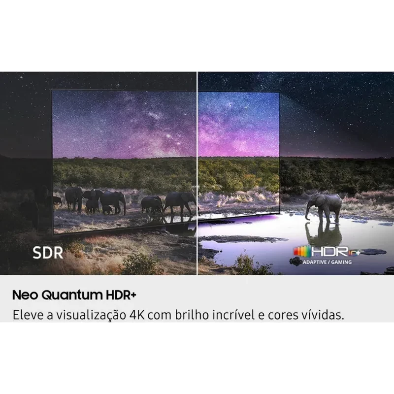 Samsung TQ85QN90FAT 85 pulgadas 4K Neo QLED con Neo Quantum HDR+; brillo alto y colores vívidos. Comparativa SDR vs HDR resalta contraste y detalles.